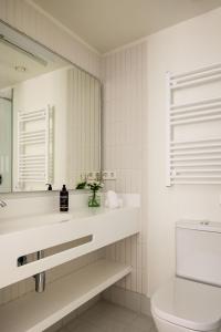 a bathroom with a sink and a toilet and a mirror at The Passage Apartments in San Sebastián