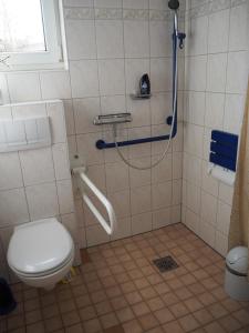 uma casa de banho com um chuveiro e um WC. em Fewo65 Residenz am Strand em Zingst