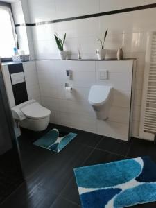 a bathroom with a toilet and two blue rugs at Ferienwohnung Neuhaus in Nittenau