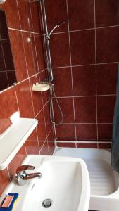 濱海阿熱萊斯的住宿－Studio sur Pinède，浴室配有白色水槽和淋浴。