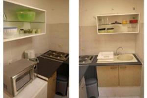 two pictures of a kitchen with a stove and a sink at Cigale 5 in Argelès-sur-Mer
