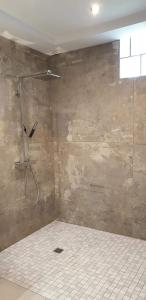 een douche in een badkamer met een betegelde muur bij Gîte des Vosges du Sud in Ronchamp