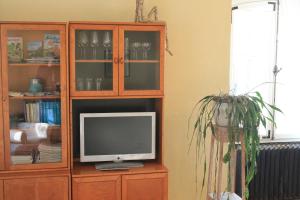 a wooden entertainment center with a television in a living room at Ferienwohnung _Schwalbennest_ in Glave