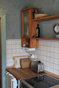 a kitchen with a counter top with a stove top oven at Ferienwohnung _Schwalbennest_ in Glave