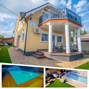 a house with a balcony and a swimming pool at LuxVil Apartman in Balatonkeresztúr