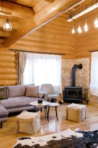 sala de estar con sofá y chimenea en Das Holzhaus, en Sadu