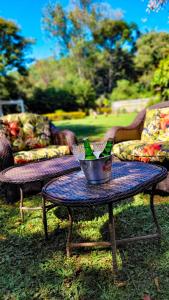uma mesa com duas garrafas de champanhe num balde em Fazenda Quinta da Esperança- Pousada e Lazer em Tiradentes