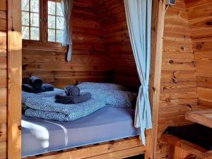 um quarto com 2 camas num chalé de madeira em PODs Alte Schule em Elchweiler