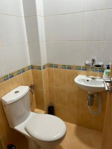 La salle de bains est pourvue de toilettes et d'un lavabo. dans l'établissement Апартамент за гости ТРАПЕЗИЦА МАК, à Veliko Tarnovo