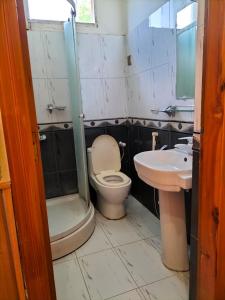 a bathroom with a toilet and a sink at Hotel Karma Muzaffarabad in Muzaffarabad