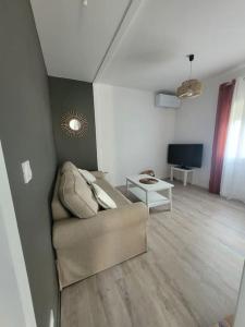 ein Wohnzimmer mit einem Sofa und einem TV in der Unterkunft Petit pavillon cosy avec extérieur in Mèze