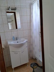ein Bad mit einem Waschbecken und einem Duschvorhang in der Unterkunft Nefelejcs Vendégház in Balatonkenese