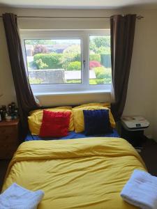 a bed with four colorful pillows in front of a window at 1bedroom flat wt ext sofa chair in Horsham