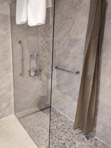 a shower with a glass door in a bathroom at Hotel Casa Lili in Jávea