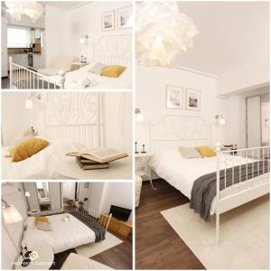 a collage of three pictures of a bedroom with a bed at Elegant Concept Studio in Bucharest