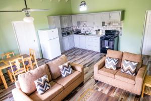 a living room with two couches and a kitchen at Golden Palms Apartment in Kingstown