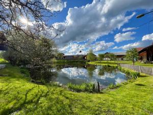 a pond in the middle of a yard with clouds in the sky at Ferienwohnungen Familie Sappl in Egling