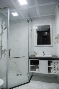 uma casa de banho com uma cabina de duche em vidro e um lavatório. em Ninh Bình Premier hotel em Ninh Binh