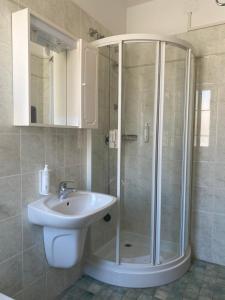 La salle de bains est pourvue d'une douche et d'un lavabo. dans l'établissement Hotel Columbia & Ninfea, à Lido di Jesolo