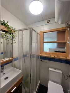 a bathroom with a shower and a sink and a toilet at Costa Daurada Apartaments - COLON in Salou