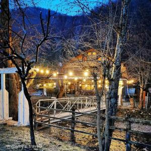 a fence in front of a house with lights at Casa River in Băişoara