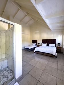a bedroom with two beds and a glass shower at DE WET 5 FRANSCHHOEK in Franschhoek