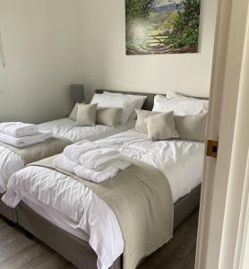 two beds sitting next to each other in a room at Stunning "Orwell" Scandinave Lodge with Private Hot Tub in East Bergholt