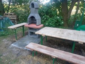 two picnic tables and a wood fired oven at Zalesie z pomostem I in Barczewo