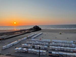 een strand met witte parasols en een pier bij Zeezicht Blankenberge in Blankenberge