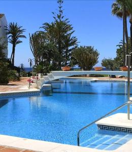uma grande piscina com água azul e palmeiras em Modern apartment with pool on the beachfront in Marbella by SharingCo em Marbella