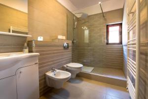 a bathroom with a toilet and a sink and a shower at Burebista Residence in Deva
