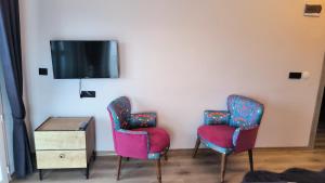 a living room with two chairs and a tv at Burahan Suit Hotel in Çamlıhemşin