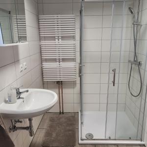 y baño blanco con lavabo y ducha. en Ferienwohnung Monteurwohnung, en Babenhausen