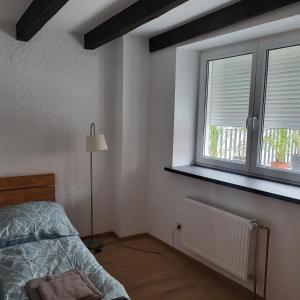 1 dormitorio con 1 cama y 2 ventanas en Ferienwohnung Monteurwohnung, en Babenhausen