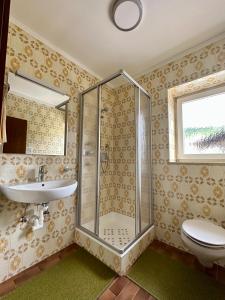 y baño con ducha, lavabo y aseo. en B&B Apartments Haus Gasser en Monguelfo