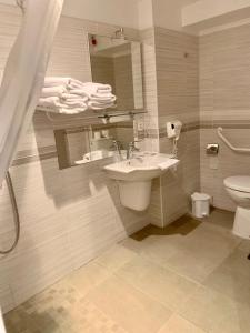 a bathroom with a sink and a toilet at Hotel Les Palmiers En Camargue in Saintes-Maries-de-la-Mer