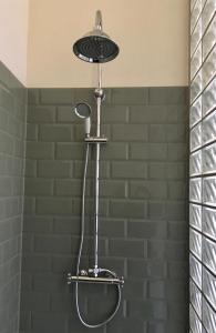 a shower with a shower head in a bathroom at Bahnhof Nebra in Nebra