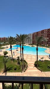 a view of a large swimming pool with palm trees at شاليه Aqua بورتو جولف مارينا in El Alamein