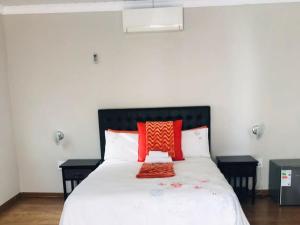 a bedroom with a bed with red pillows on it at Luyolo Guest Lodge in Butterworth