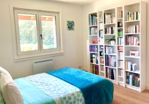 a bedroom with a book shelf filled with books at Les oliviers in Rolle