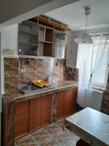a kitchen with a sink and a counter top at La Sandu Ocna in Ocna Sibiului