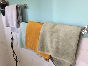 un grupo de toallas colgando de un estante en el baño en Haus Magnolia 1, en Kandern