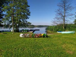 a group of boats on the grass next to a lake at Domek letniskowy Zełwągi in Zełwągi +2 photos