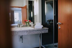 eine Badezimmertheke mit einem Waschbecken und einem Spiegel in der Unterkunft Hotel Alster Au in Duvenstedt