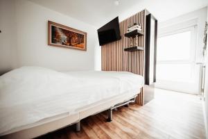 1 dormitorio con 1 cama y TV en la pared en Appartement - Centre Ville - Autoroute à 5 minutes Chez William, en Clermont-Ferrand