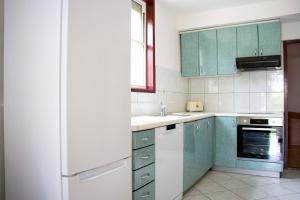 扎達爾的住宿－Pepi Apartments 1，厨房配有绿色橱柜和白色冰箱