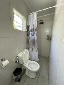 a bathroom with a toilet and a shower with a window at פרטיות וחוויה אצל יעקב וירדנה Privacy and an experience at Jacob and Yardena in El ‘Affūle +3 photos