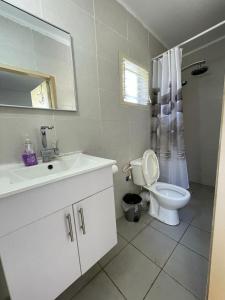 a bathroom with a sink and a toilet and a mirror at פרטיות וחוויה אצל יעקב וירדנה Privacy and an experience at Jacob and Yardena in Afula