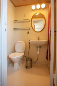 a bathroom with a toilet and a sink and a mirror at Studio Apartment / 20min From City Center / Tórshavn in Tórshavn