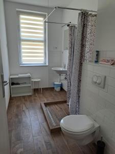 a bathroom with a toilet and a sink at Tarcal Apartman in Tarcal